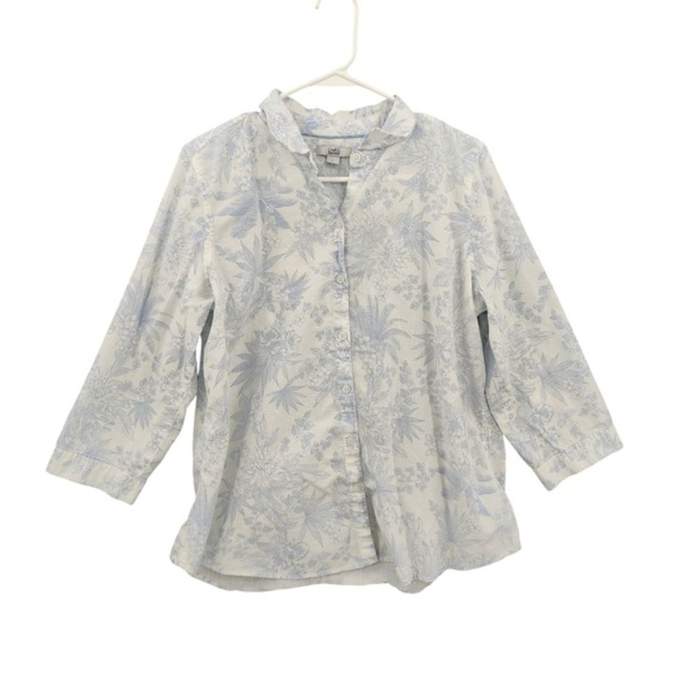 Croft & Barrow Womens Coastal Tropical Airy Floral Button Up Top L Blue Resort